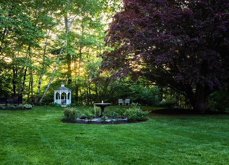 The lawn, fountain, and garden beds at the inn